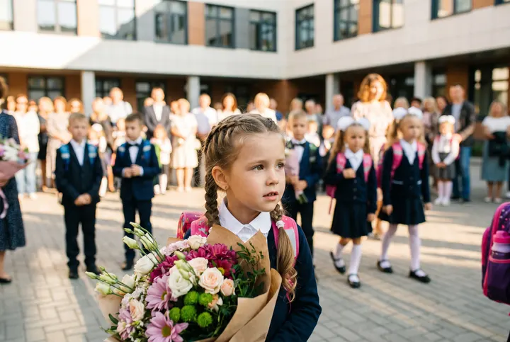 Первоклассница с букетом на школьной линейке