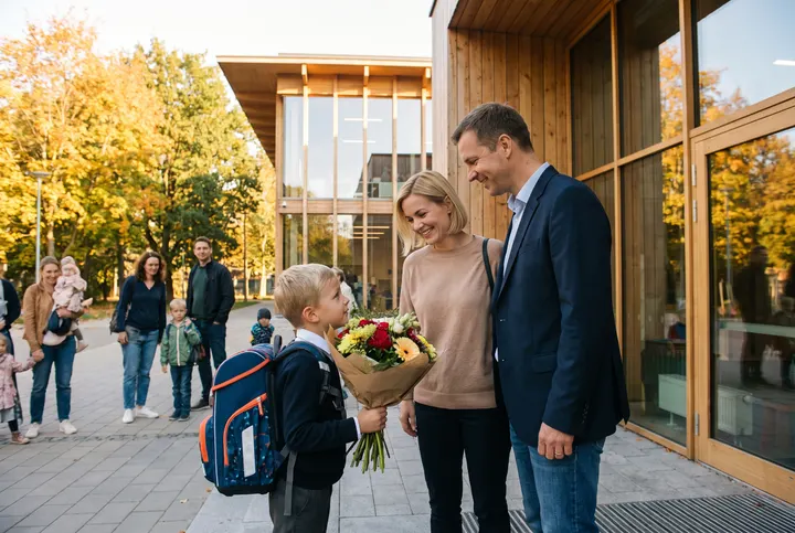 Первоклассник с родителями у школы