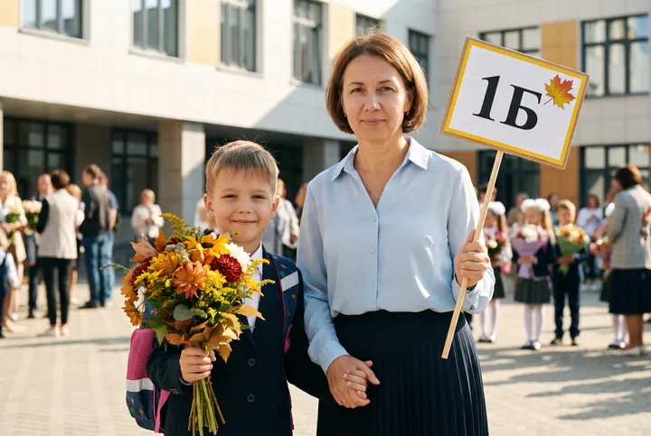 Первоклассник рядом с первым учителем